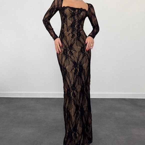 Black Casual Women's Sexy Lace Long Sleeve Corset Collar Slim Fit Floor Dress - Picture 3 of 6